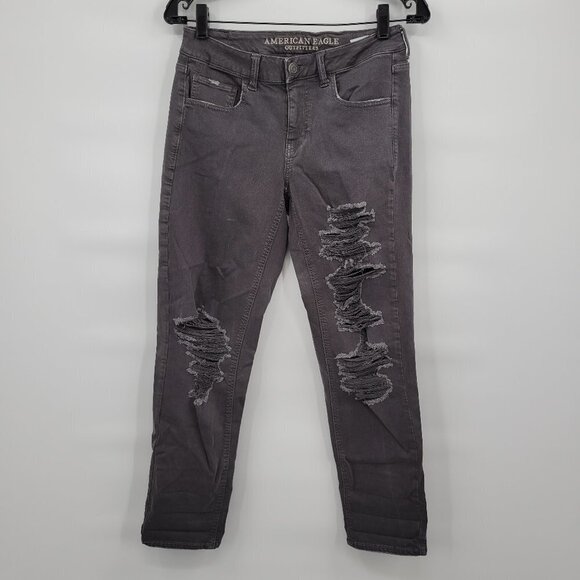 American Eagle Women Gray Mid Rise Tomgirl Distressed Regular Jeans Size 2 - Picture 1 of 12